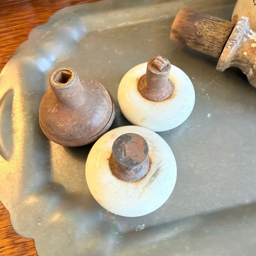 Set of 3 Antique Porcelain and Brass Door Knobs